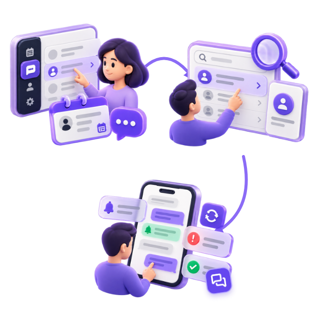 Illustrative 3D workflow: Open Messages or View messages from an appointment. Search recent conversations and select a phone number. Read reminders and replies, inspect failed delivery details, or refresh the thread.