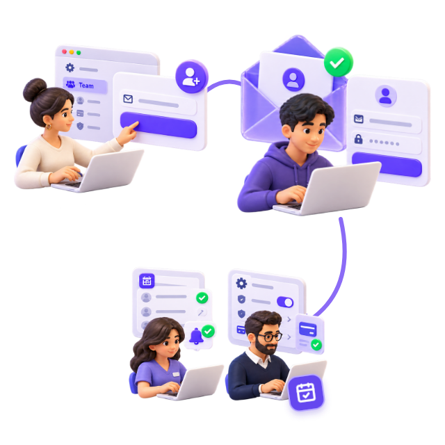 Illustrative 3D workflow: The owner invites a teammate by email from Settings → Team. The teammate accepts the invitation and signs in with their own account. Staff manage appointments and follow-ups; the owner controls settings and billing.